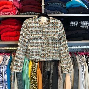Autres Filles white/tan/green/navy tweed 4 pocket 4 button blazer size XS